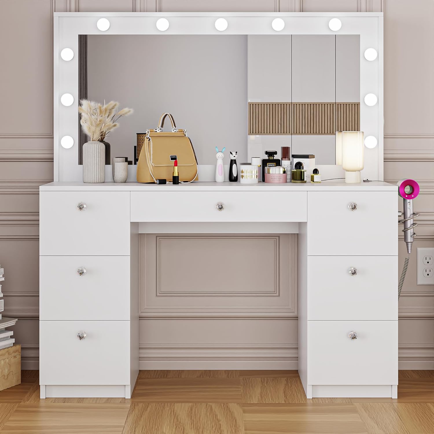 Boahaus Freya PRO Makeup Vanity Desk con Hollywood Mirror Glass Top e USB Outlet Bianco