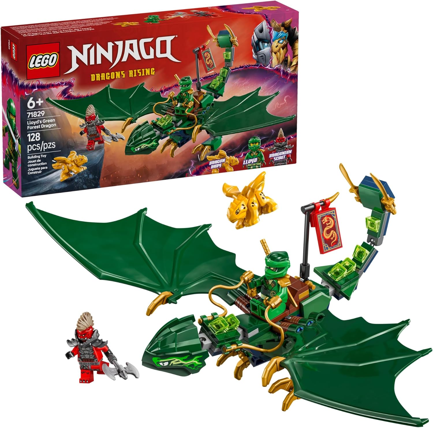 LEGO NINJAGO Lloyd\'s Green Forest Dragon Toy - Pretend Play Building Toy for Boys and Girls, Ages 6+ Dragon Figurine with 2 Minifigures for Kids - Gift Idea for Birthdays - 71829