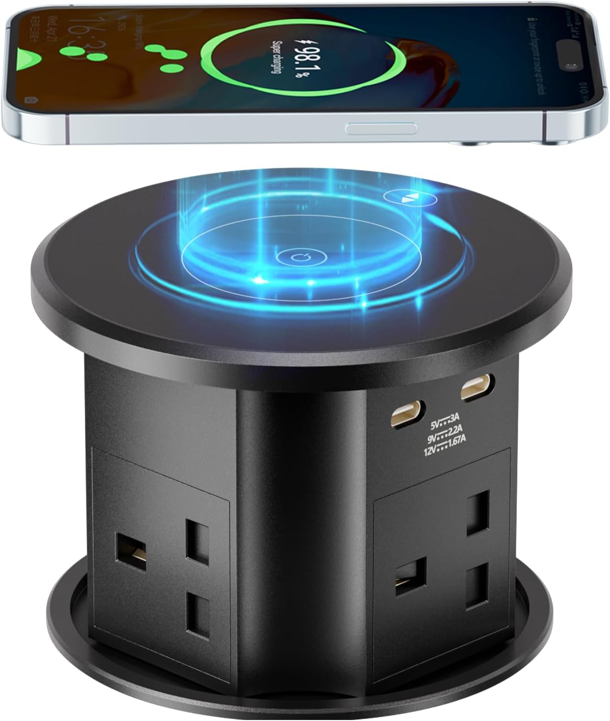 Pop Up Socket with 15W Wireless Fast Charger, 9 in 1 Safe Touchscreen Automatic Pop up Extension Socket with 4 UK Plugs,2 USB-A,2 USB-C,15W Wireless Charging for Home Office Kitchen Worktops Desktop