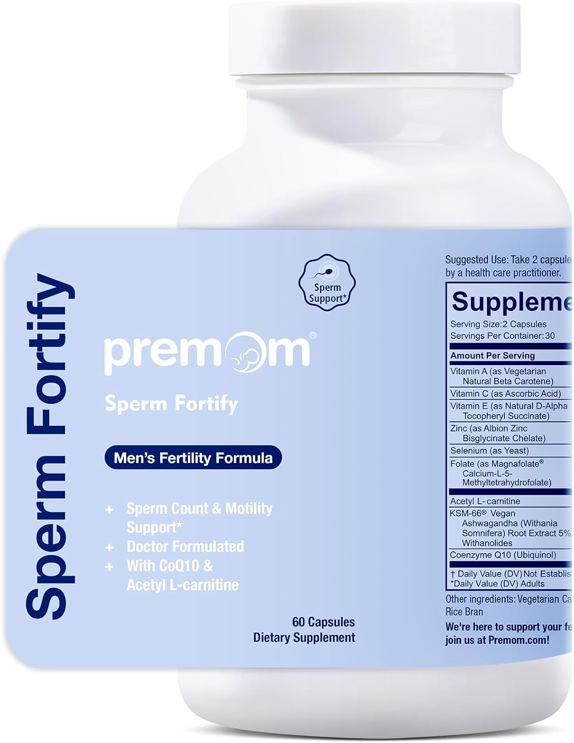 Premom Sperm Fortify – Male Fertility Supplements for Men with KSM-66® Vegan Ashwagandha, CoQ10 as Ubiquinol, Zinc, Selenium&Acetyl-L-carnitine | Supports Sperm Health, Motility & Count