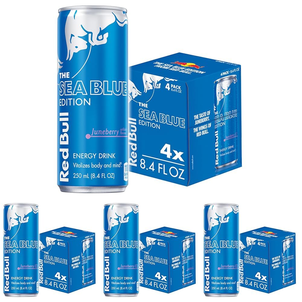 Red Bull Sea Blue Edition Energy Drink, Juneberry, with 80mg Caffeine plus Taurine & B Vitamins, 8.4 Fl Oz, Pack of 16 Cans