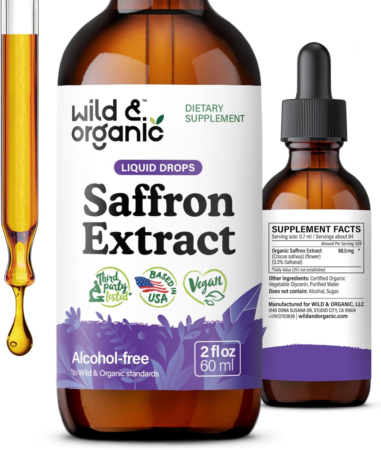 Wild & Organic Saffron Drops - 88.5 mg Saffron Supplement for Mood, Brain, Vision Support - Crocus Sativus Liquid Extract - Vegan, Sugar & Alcohol-Free Tincture - 2 fl oz